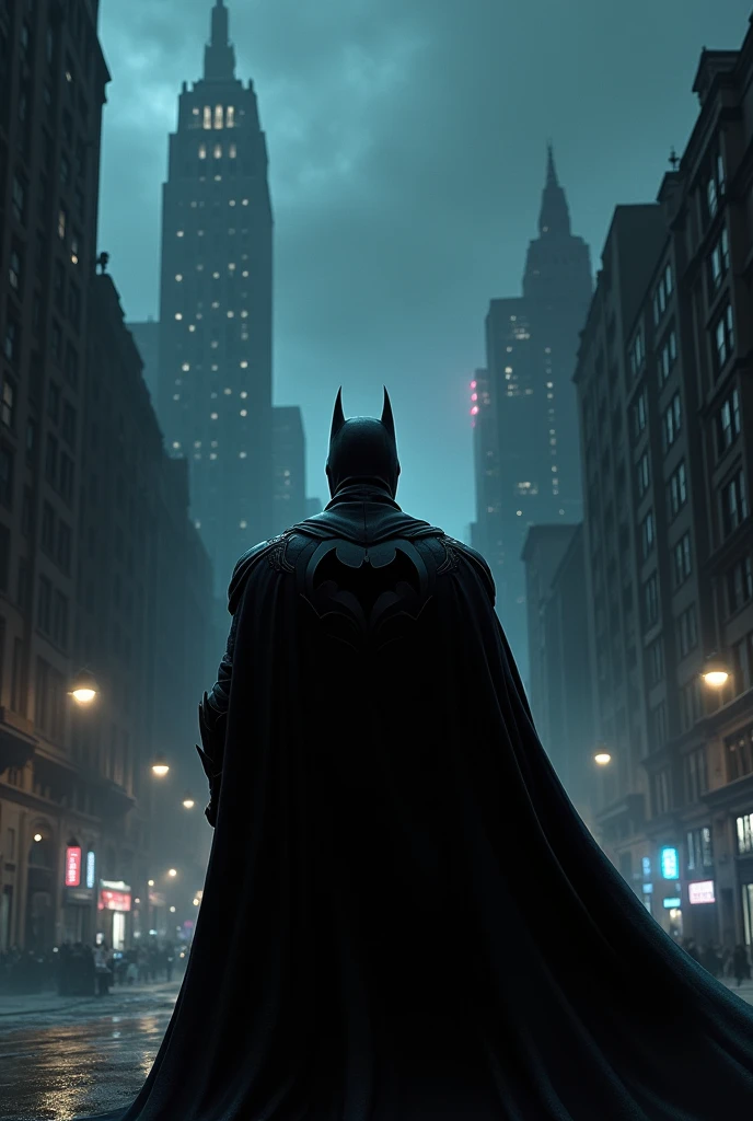 Batman in dark asthetic vibe looking at the city gotham at night in wide angle make it more darker