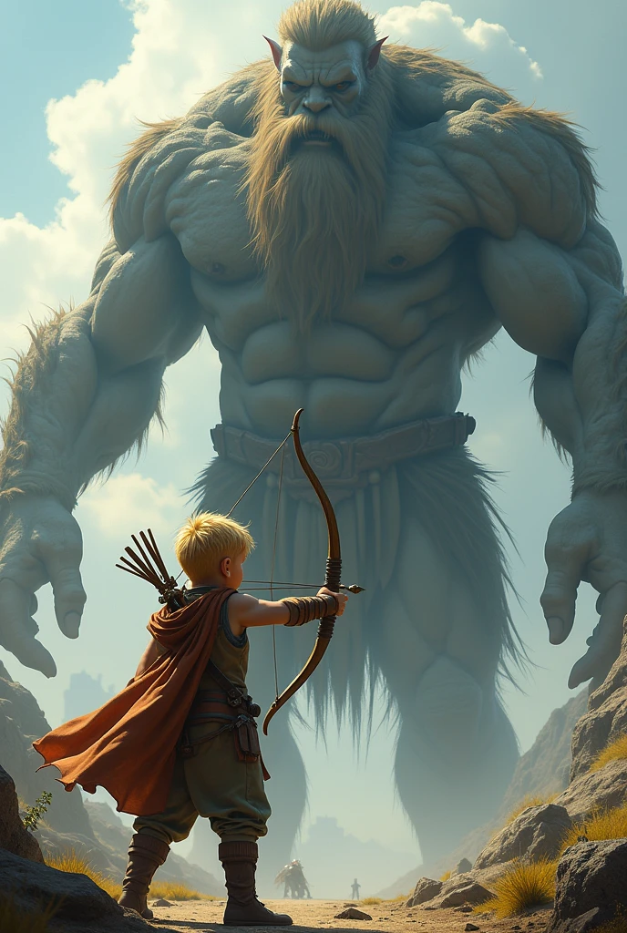 Blond boy with a slingshot aiming at a giant. mode