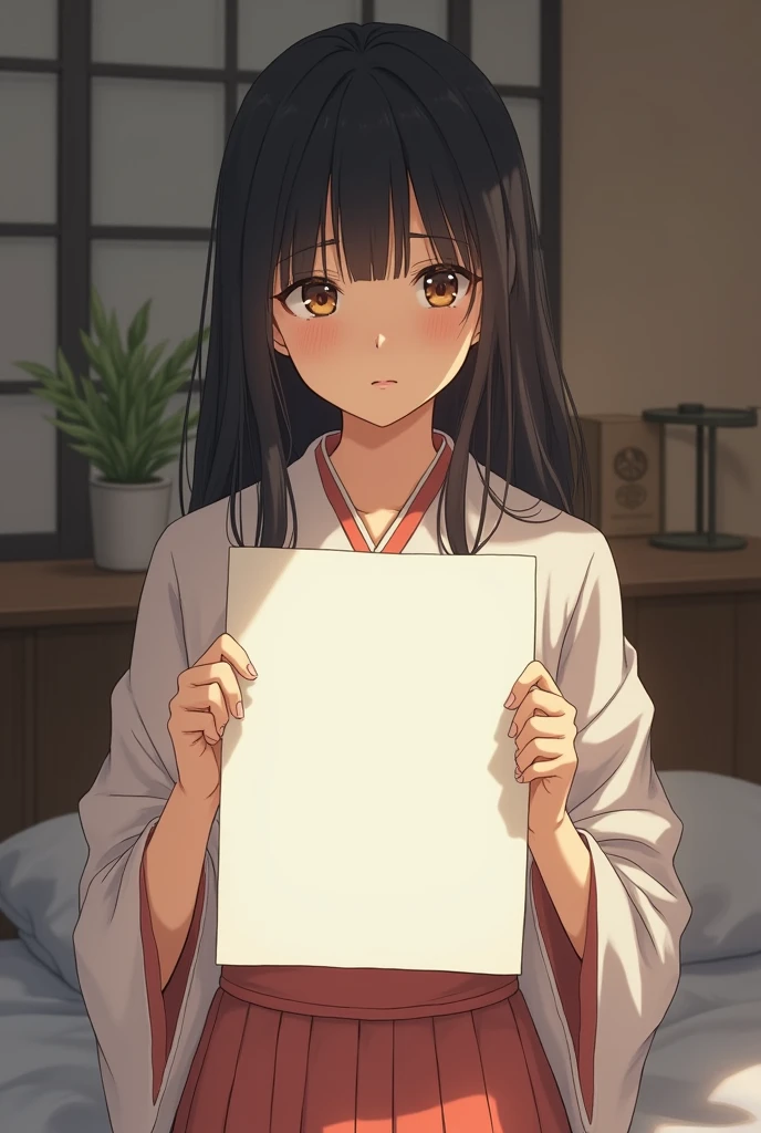 Selfie of a Japanese woman holding a blank piece of paper in her room