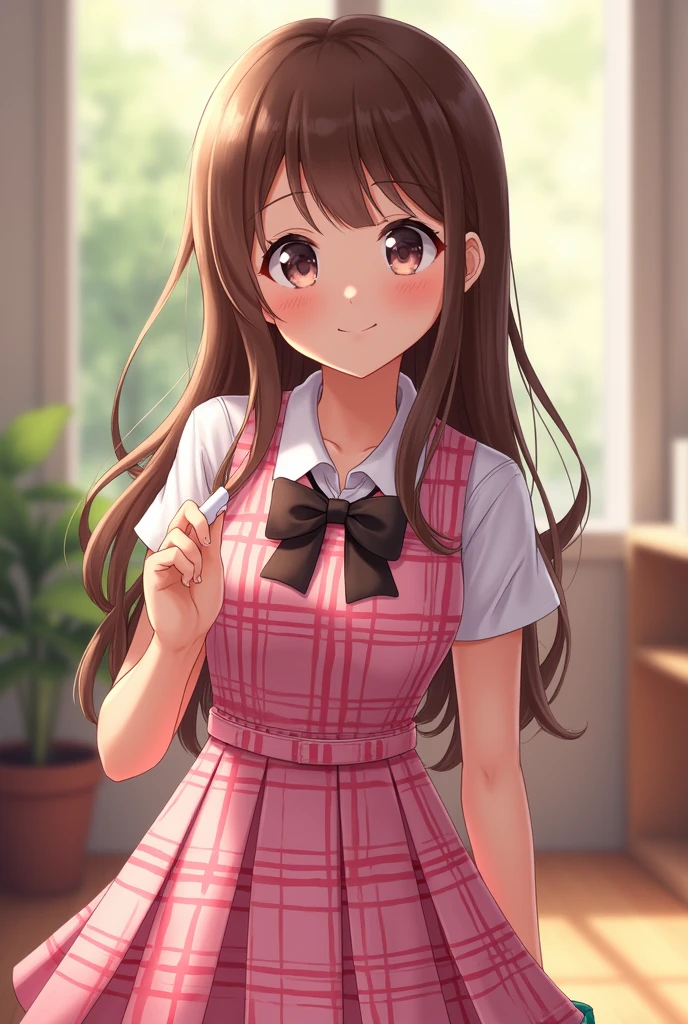 A girl student wearing a pink checkered uniform