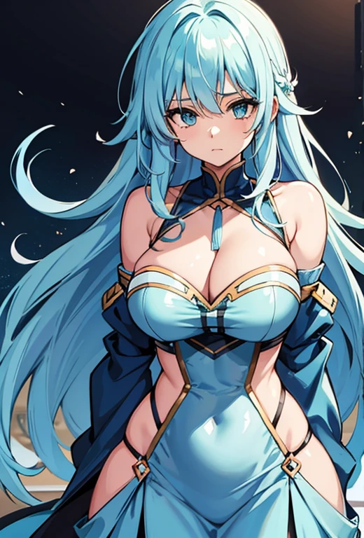 1 cute girl, light blue hair, long messy hair, blue-green eyes, very big chest, tight clothes.