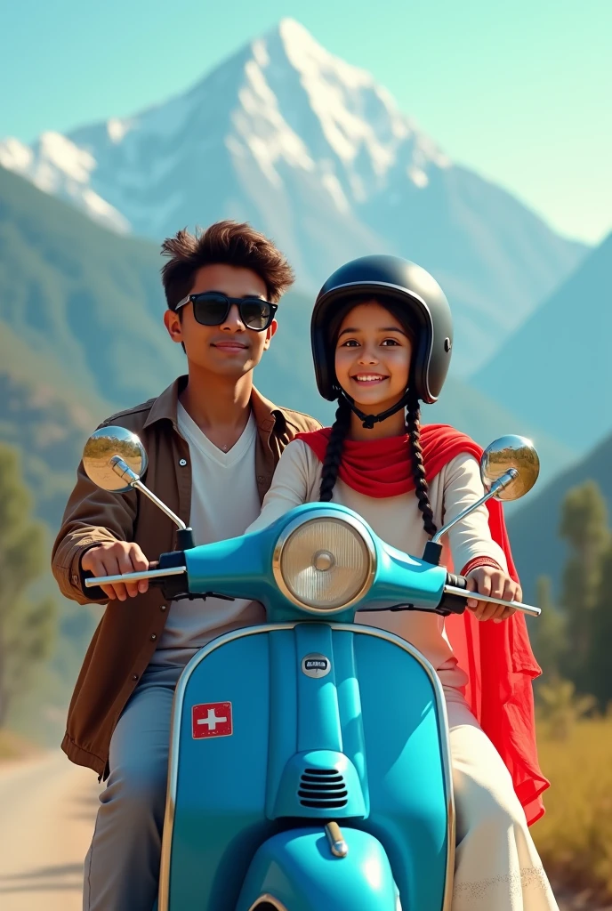 An indian boy with clean shave wear a white shirt under a brown jacket with black sunglass with a black helmet on his head and sitting on a blue scooter with a indian girl who wear white churidaar with a red dopatta with hair tie and a mountain background and both looking at camera