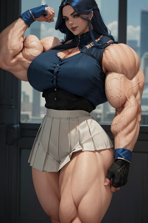 ((Close-up)), tall, (royal blue hair) beautiful muscular woman, long curly wavy hair, pale white skinned, closed smile, (black lipstick), (massive muscles), (hyper muscle), (ginormous bulky muscles), white eyes, (((sleeveless royal blue pleated shirt))), ((long black pleated skirt)), (fingerless gloves), necktie, boots, on a skyscraper,