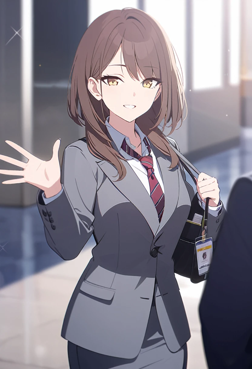 masterpiece,best quality,depth of field,8k,brown hair,yellow eyes,wseifuku,chic,(charismatic eyes 1:1),gray business suit,alone,Waving hand,gray business skirt,female,red striped tie,Wearing an employee ID around his neck,alone,shot,charismatic face