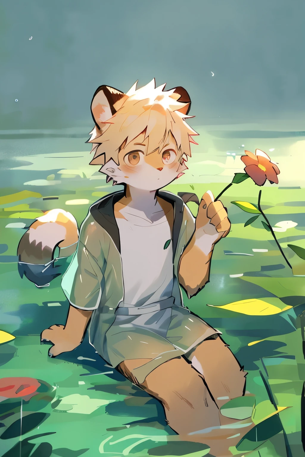 Masterpiece, Best quality, Perfect anatomy, Watery eyes, author:Milk Tiger 1145, author:K0bit0wani, Furry, coyote, (Phyllis:0.3), muscular male, solo, wears, baggy clothes, wet fur, (Translucent raincoat:1.1), (holding flower:1.1), Lying, bird's eyes view, grass, rain, water, Rained,((Boy,shota)),boy,Pino Deheny, Carney announced, milkytiger1145, boy, Yes,