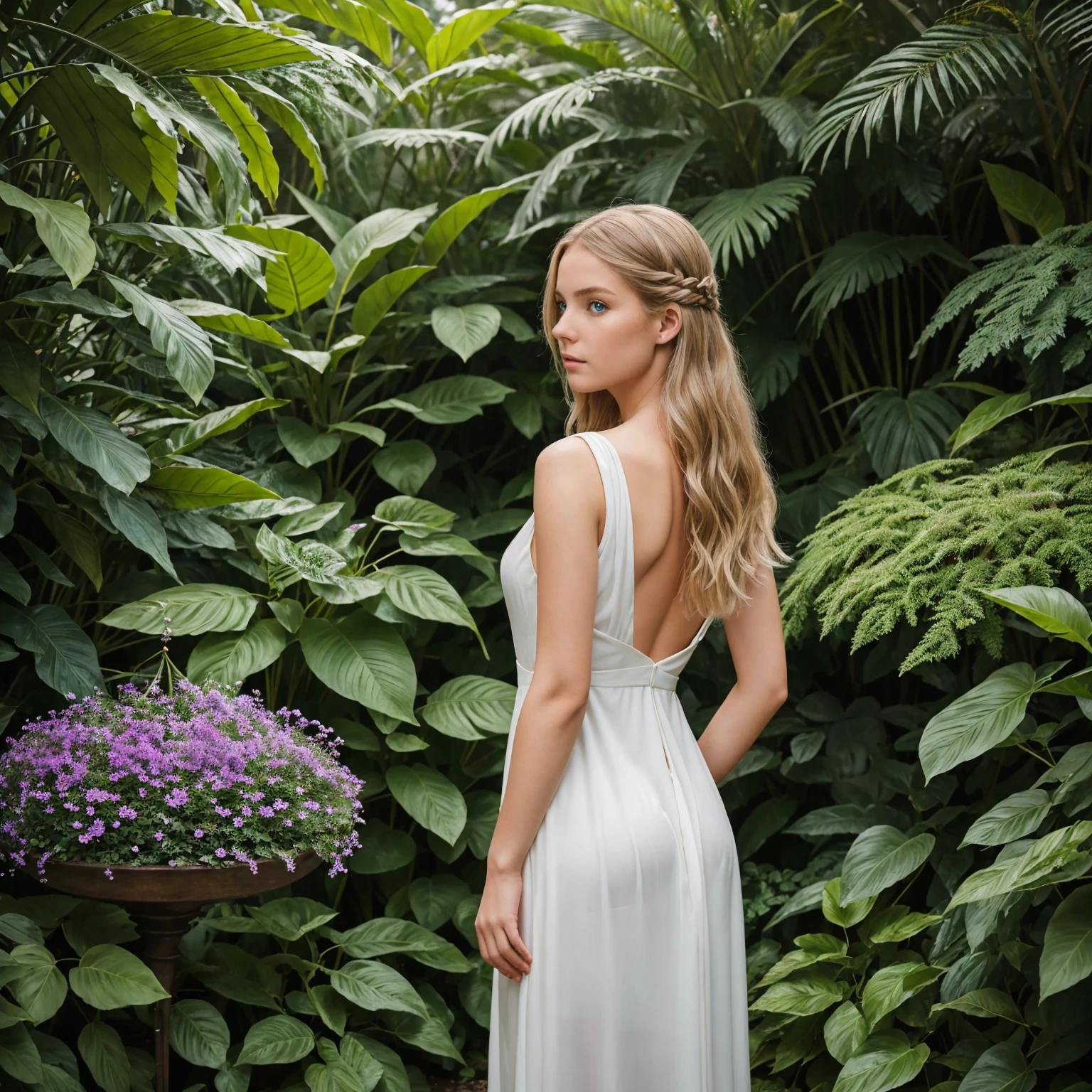 (photorealism:1.2), Beautiful woman, backwards, Let your whole body be seen, silver hair,
with her arms open, and her legs open, wearing a white dress, pressed against a green wall, that they look at the wall, that their hair be braided