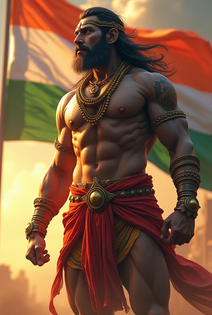 Create an image of Lord Hanuman full HD 8k and mix monkey face in a powerful and dynamic pose. Behind Him, there should be an Indian flag waving proudly. The background should be filled with vibrant colors, symbolizing strength and devotion. Ensure the flag is clearly visible and adds to the overall energy and patriotism of the image,