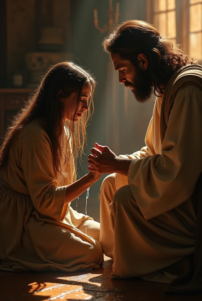 Create a poignant scene inspired by Luke 7, showing a repentant woman crying as she washes Jesus' feet with her tears. The woman is kneeling, her face full of sorrow, with tears streaming down and falling onto Jesus' feet. She uses her long hair to dry them. Jesus, seated, gazes at her with deep compassion. The room is softly lit, with warm tones, highlighting the humility and emotion of the moment.