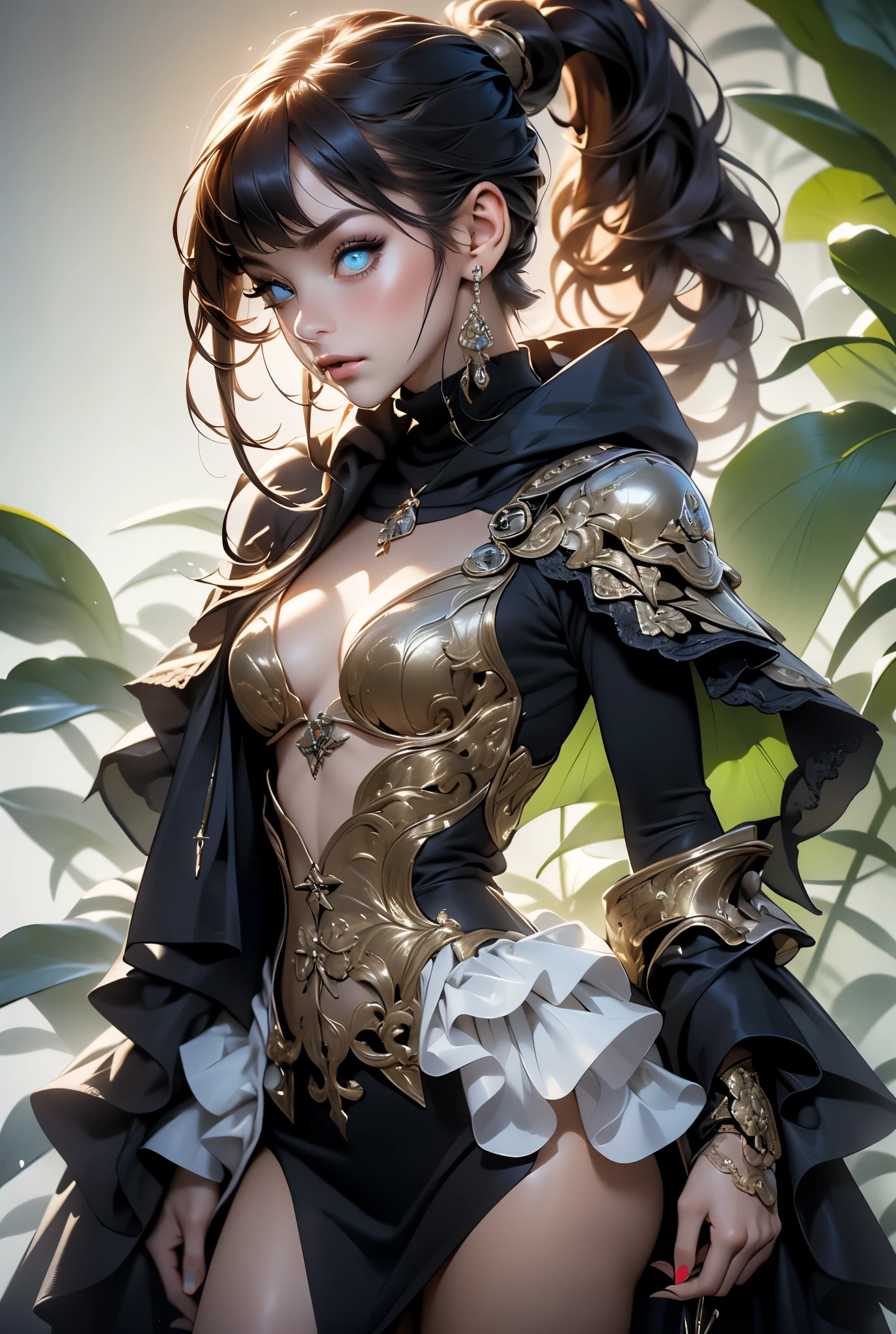 (((masterpiece, of the highest quality, super detailed))), (a witch belonging to an occult order of knights), (a knight crossed with a witch), Victorian era inspired, ((minimal but intricate beautiful armour)), (Fluttering lace flared dress with frilly petticoats), ((Bloodbourne inspired)), (big forhead:1.2), (((dark hair, ponytail, thick ponytail, heavy ponytail))), (((Very sharp focused eyes))), (small breasts), very long eyelashes, occult aesthetic, (red and white clothing detailed and intricate steampunk and detailed gothic), (with a hood), complex lace boots,