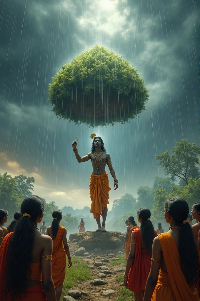 "A powerful scene with Lord Krishna lifting the Govardhan mountain with a single finger, surrounded by awe-struck villagers who are taking shelter under the mountain. The background is dramatic with stormy clouds and rain, symbolizing the wrath of Indra. The villagers look up at Krishna in amazement and devotion, with traditional Indian attire and rural setting, showcasing the divine act in a vivid and colorful manner."