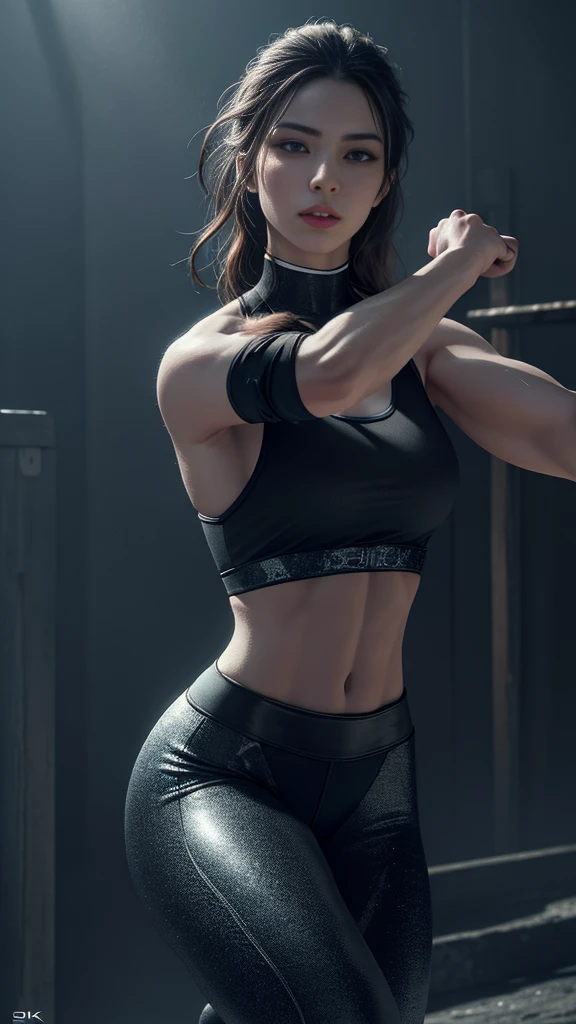 A beautiful detailed girl with striking features, intense eyes, full lips, and long eyelashes, Tifa Lockhart in a dynamic fighting pose, muscular physique, tight athletic outfit, detailed martial arts movements, fists raised, mid-action, moody cinematic lighting, dark fantasy sci-fi environment, dramatic camera angle, (best quality,4k,8k,highres,masterpiece:1.2),ultra-detailed,(realistic,photorealistic,photo-realistic:1.37),digital painting, concept art, highly detailed, vibrant colors, dramatic lighting
