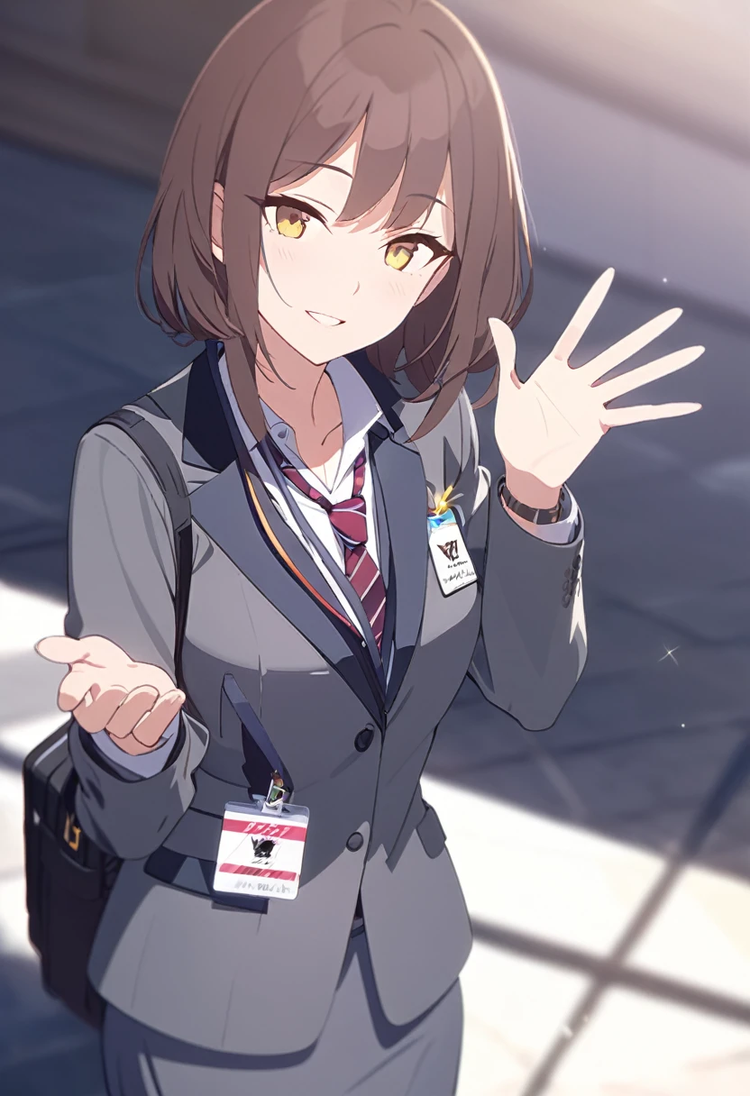 masterpiece,best quality,depth of field,8k,brown hair,yellow eyes,wseifuku,chic,(charismatic eyes 1:1),gray business suit,alone,Waving hand,gray business skirt,female,red striped tie,Wearing an employee ID around his neck,alone,shot,charismatic face,Looking at the viewer