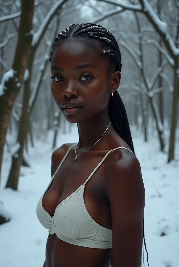 1 girl, dark skinned, black eyes, bra, forest background, snowy, photography, photorealistic, african, masterpiece, best quality