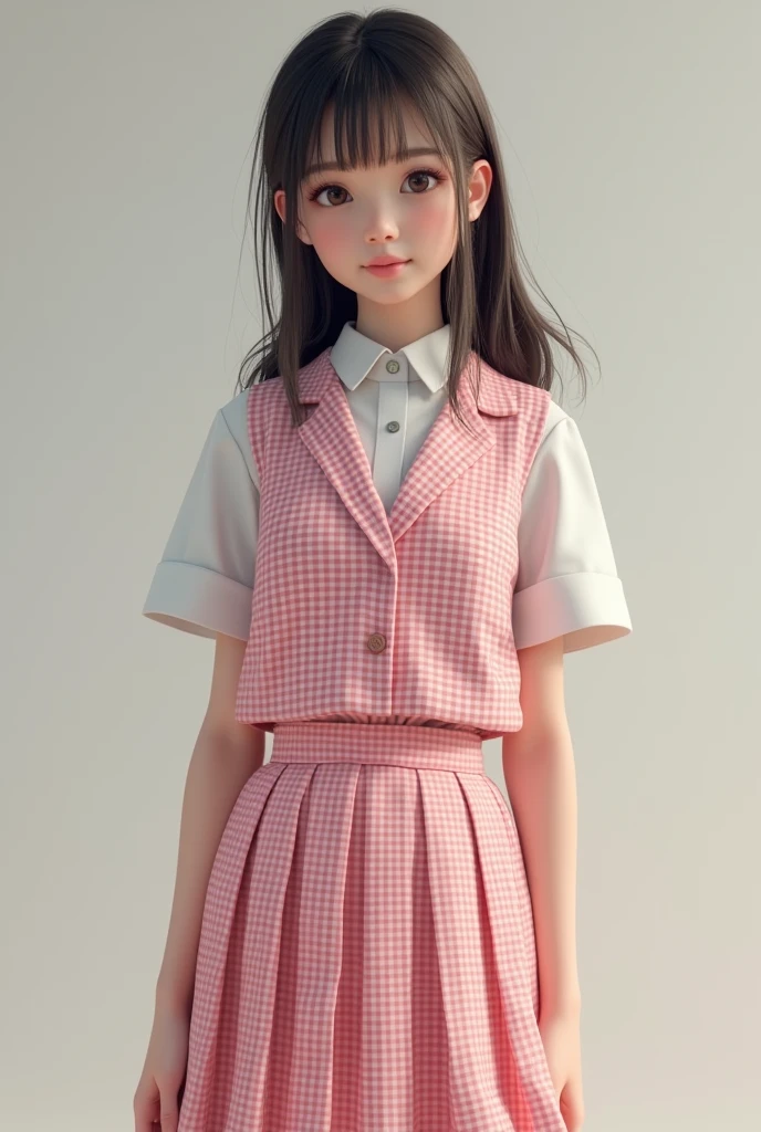 A realistic girl student wearing a pink checkered uniform