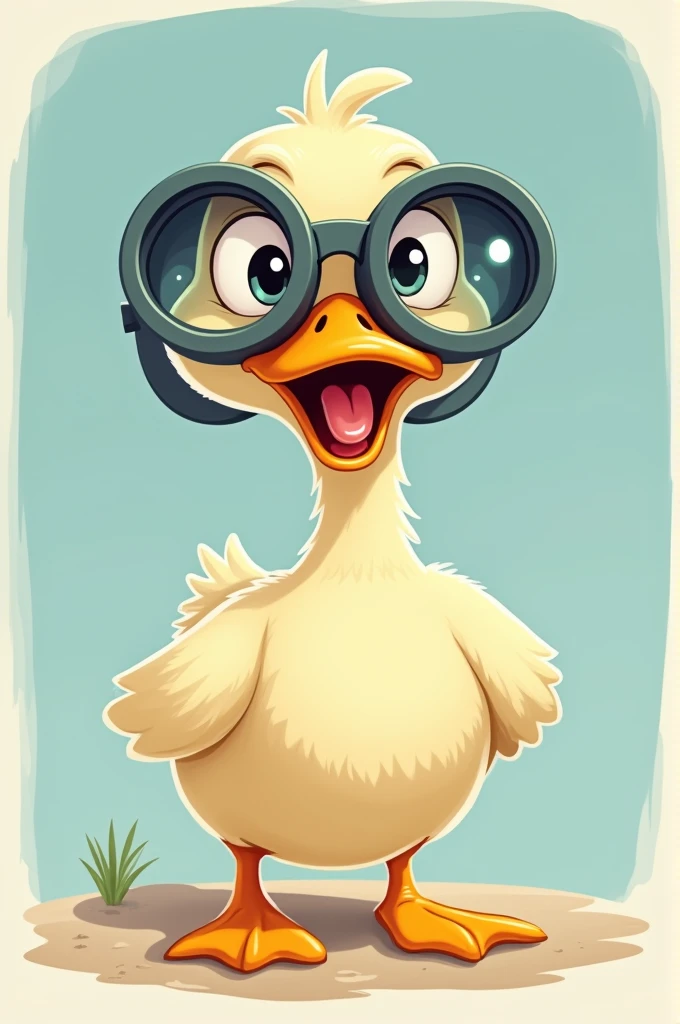 Funny duck, with binoculars in his face, making a face and sticking out his tongue