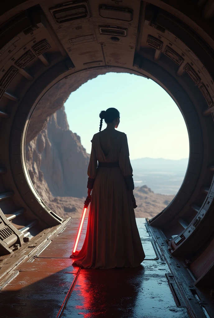 Rey Skywalker in Spaceship looking at The camera, 8k resolution, detailed, Cinematic scene 