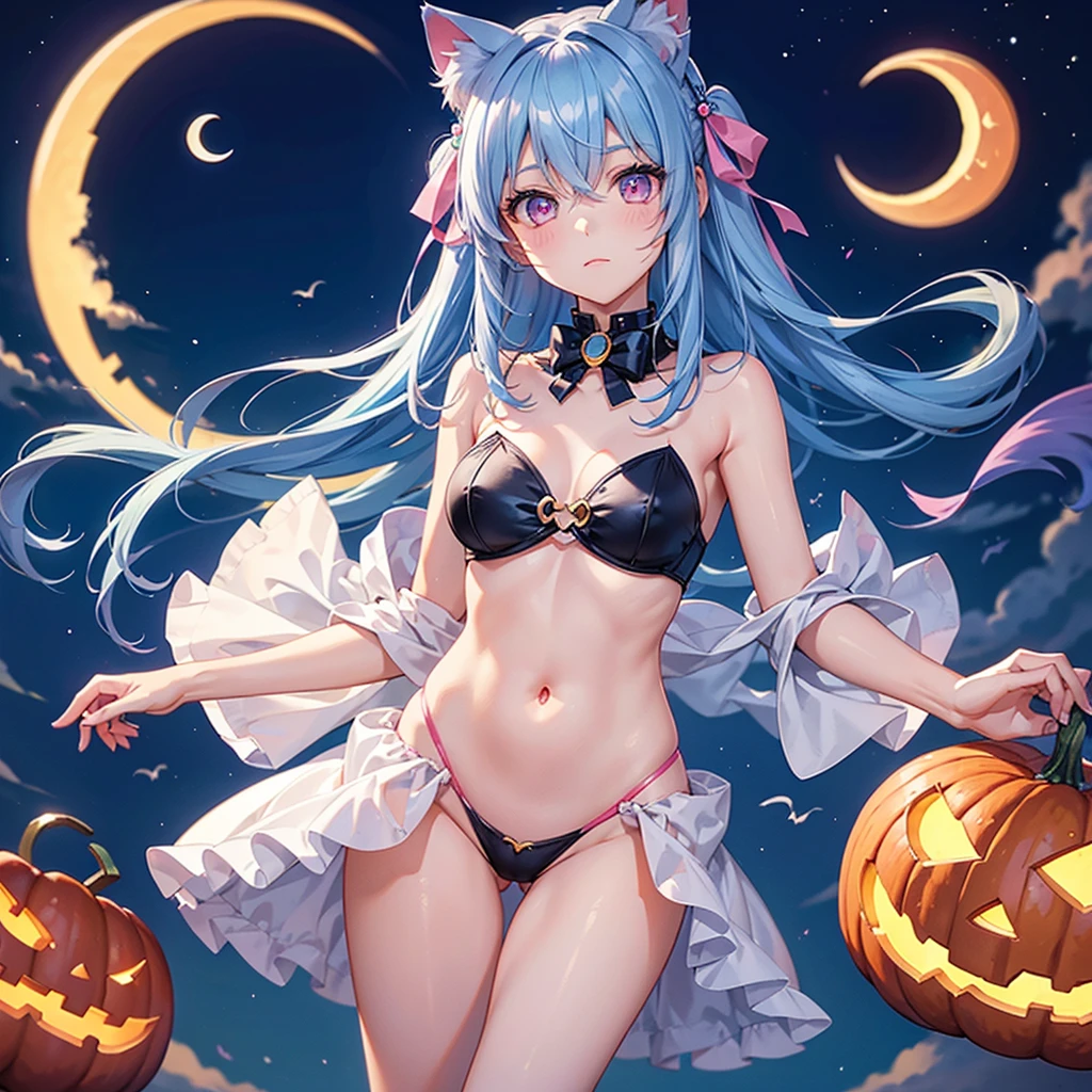 (Sky blue hair),(Medium Hair), (Pink Eyes),Fair skin) ,(whole body),(One Girl),(Crescent Moon),(There are lots of pumpkin ghosts in the background),Cat ear,Cat clothes,Cat&#39;s Tail,(If you don't give me sweets, I'll play a prank on you.),Halloween Night Party),(masterpiece, Highest quality, Very detailed, Best Shadow), (Detailed Background), (Beautifully detailed face), High Contrast, (Best lighting, Very delicate and beautiful), ((Cinematic Light)), Hyper Detail,8k, Dramatic Light, Intricate details,night,(Bats flying in the background),Pumpkin handbag,There are sweets in the bag,