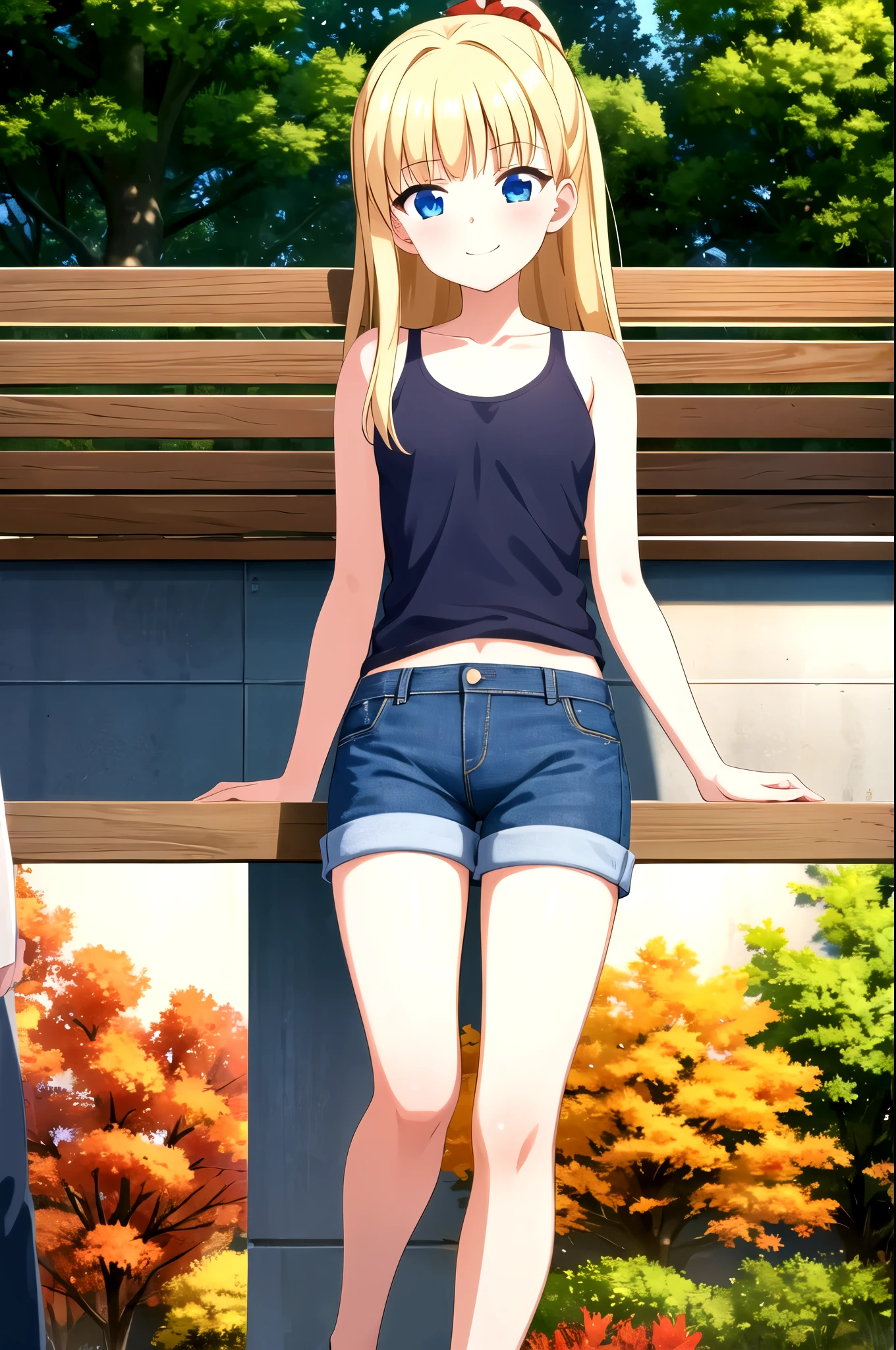 (masterpiece, Best Quality:1.2), absurdities, perfect anatomy, 1 girl, (cocky smile:1.2), to throw, looking at the viewer, hand on cheek, blunt bangs, outdoor, autumn, rosa \, ( Denim shorts:1.1), Focus only, Soft lighting, public park, (blue eyes), Airi Akizuki