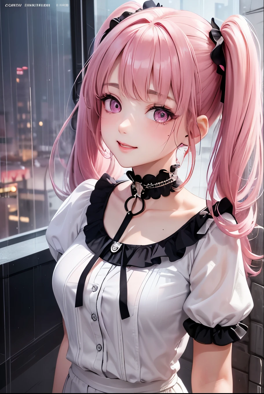 masterpiece, best quality, highly detailed, high resolution, expensive resolution, high resolution, 4k, 8k, uniform 8k wallpaper, highly detailed CG, masterpiece, 2d, 3d, beautiful details, depth, fine texture, best quality: 1.3, perfectly focused, sharp. skin, him, very cute anime girl, her name is Mei, short pigtails, idol, in the rain, expensive pink short pigtails, mole under eye, looking at the viewer, expensive, blush, mole, open lips, pink eyes, heart shaped choker, smiling face