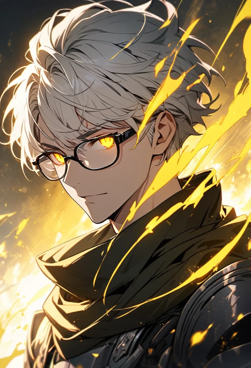 male, solo, handsome, white hair, beautiful color, short hair, yellow eyes, short black scarf, glasses, gorgeous background, yellow aura, glowing eyes, beautiful eyes, armor