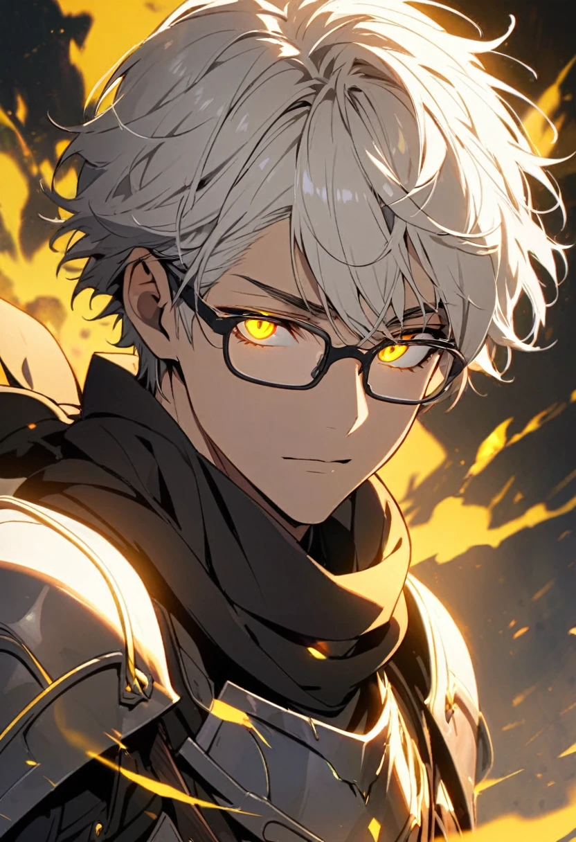 male, solo, handsome, white hair, beautiful color, short hair, yellow eyes, short black scarf, glasses, gorgeous background, yellow aura, glowing eyes, beautiful eyes, armor