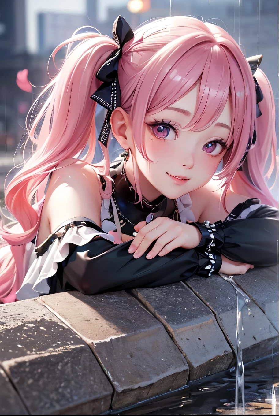 masterpiece, best quality, highly detailed, high resolution, expensive resolution, high resolution, 4k, 8k, uniform 8k wallpaper, highly detailed CG, masterpiece, 2d, 3d, beautiful details, depth, fine texture, best quality: 1.3, perfectly focused, sharp. skin, him, very cute anime girl, her name is Mei, short pigtails, idol, in the rain, expensive pink short pigtails, mole under eye, looking at the viewer, expensive, blush, mole, open lips, pink eyes, heart shaped choker, smiling face
