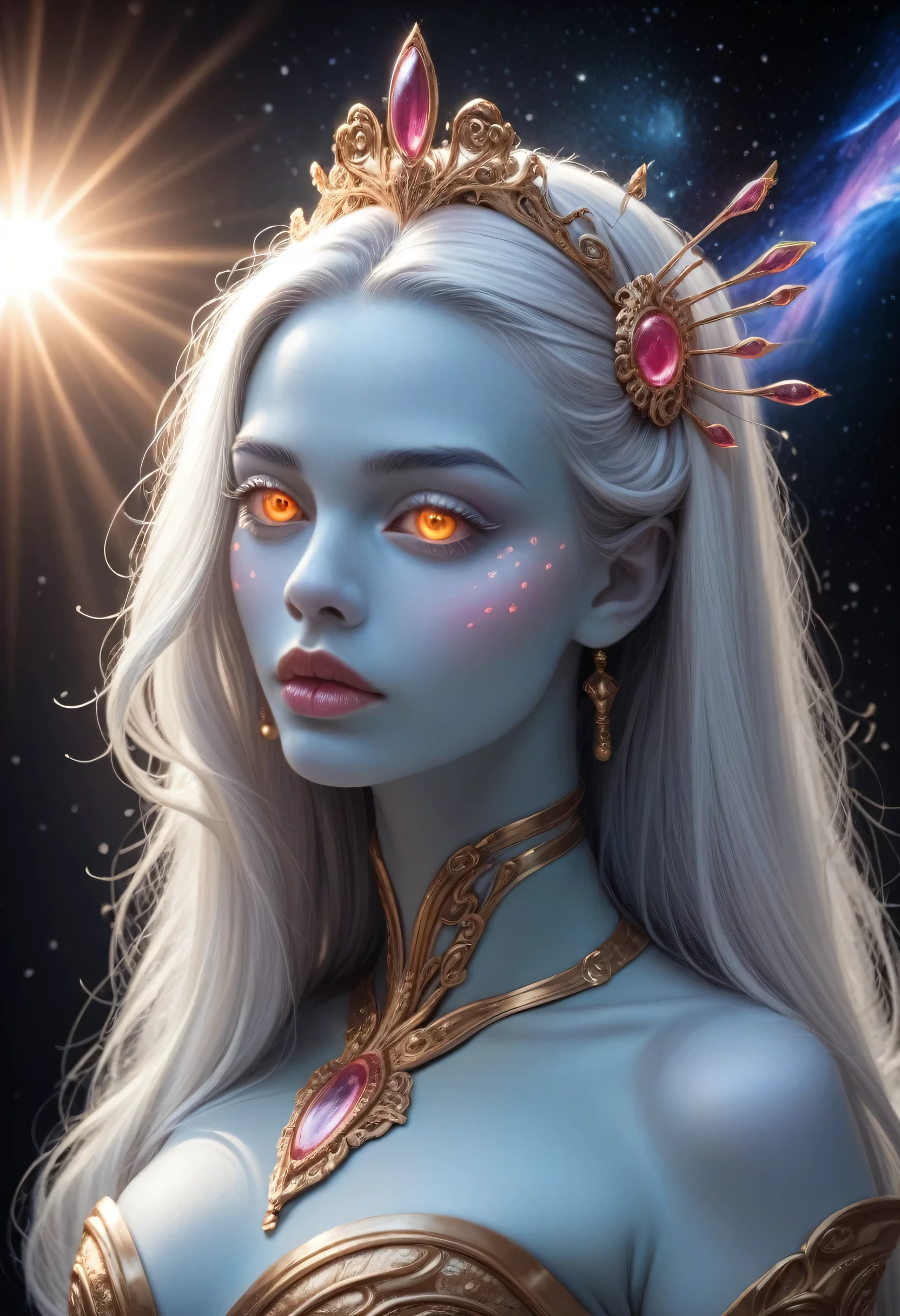 a beautiful female alien girl, extraterrestrial, detailed face, large expressive eyes, thin eyebrows, sharp nose, full lips, flawless skin, long flowing silver hair, elegant head ornaments, slender graceful body, alien anatomy, intricate alien costume, floating in space, ethereal glowing energy, dramatic lighting, cinematic composition, digital art, 8k, hyper detailed, masterpiece, photorealistic