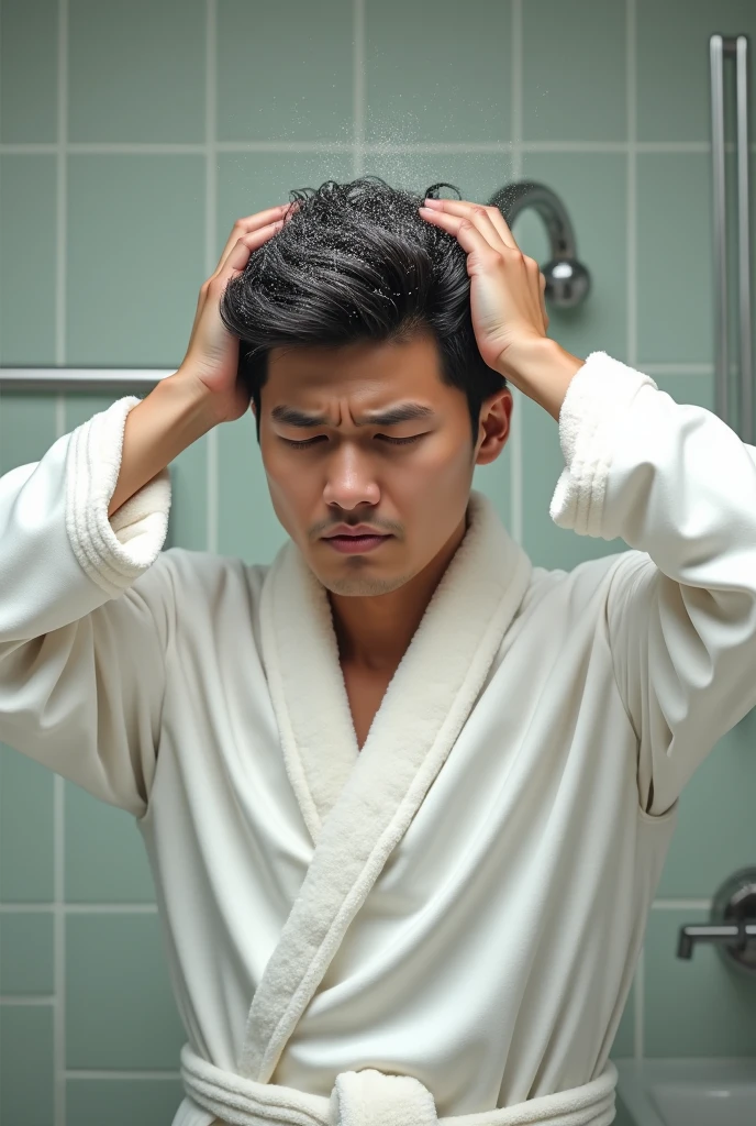 Create a young Asian man,Wearing a white satin bathrobe,,Scratching the scalp with both hands,There is a lot of dandruff on the top of the head,White fine dandruff on the top of the head,The expression is unhappy,The characters are realistic and realistic,Bathroom Background,9:16 frames,Ultra-high-definition picture quality