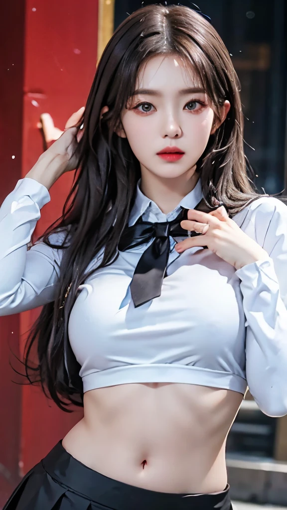 realistic, high resolution, 1 woman, butt up, beautiful eyes, gray hair, long hair, round eyes, school shirt, belly button visible, black tie, black skirt, city street, Short skirts that show panties, dressed like a student