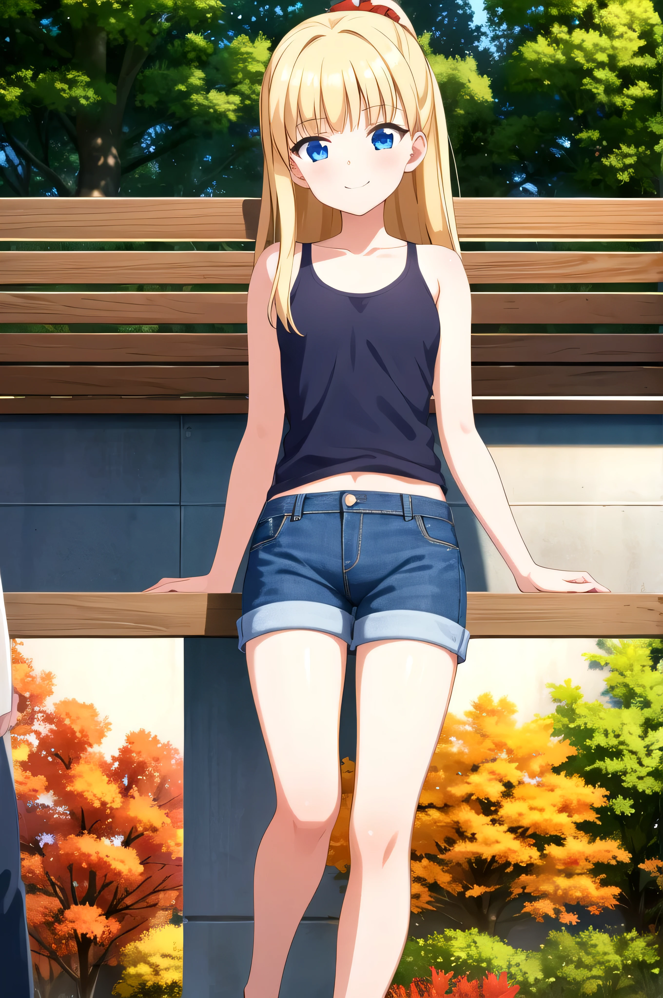 (masterpiece, Best Quality:1.2), absurdities, perfect anatomy, 1 girl, (cocky smile:1.2), to throw, looking at the viewer, hand on cheek, blunt bangs, outdoor, autumn, rosa \, ( Denim shorts:1.1), Focus only, Soft lighting, public park, (blue eyes), Airi Akizuki