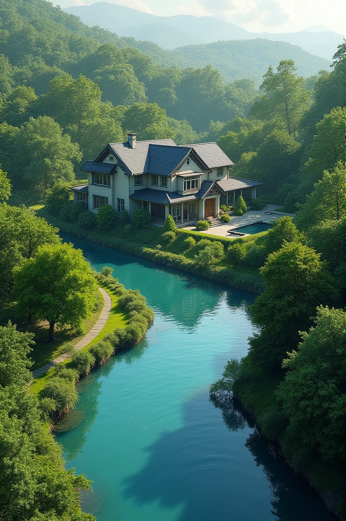 House surrounded by artificial river which can be created by human and both the house and river surrounded by trees in squate shave property. 
