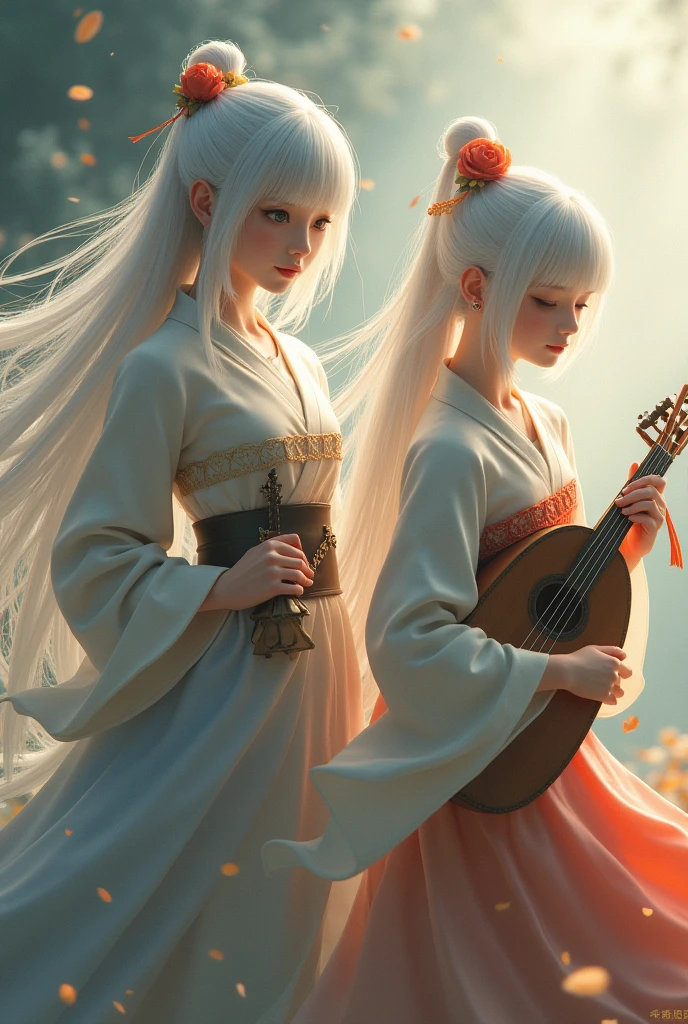 two girls, Girl holding a piano, Girl holding a lute, White hair, Xianxia fantasy, Social Popularity of Computer Graphics, China Tower, The perspective is floating, Hair is scattered, Blur, cinematic lighting, blurred foreground, movement lines, high detail, 16 thousand., a high resolution, textured leather, super detail
