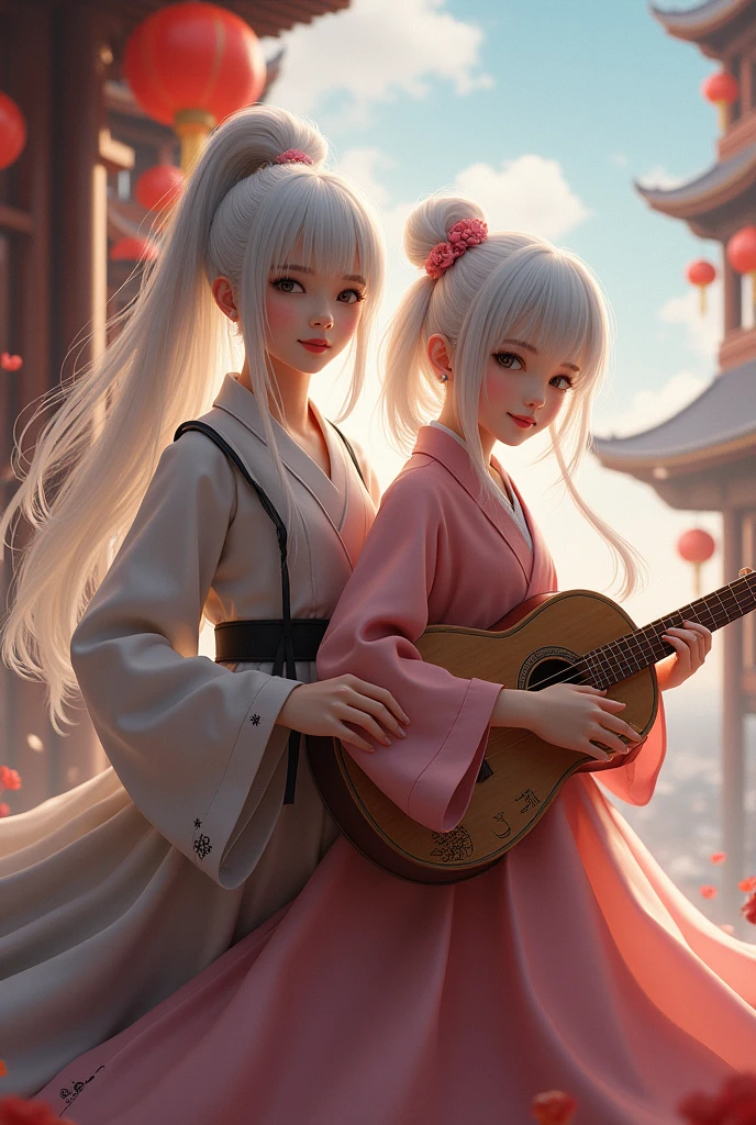 two girls, Girl holding a piano, Girl holding a lute, White hair, Xianxia fantasy, Social Popularity of Computer Graphics, China Tower, The perspective is floating, Hair is scattered, Blur, cinematic lighting, blurred foreground, movement lines, high detail, 16 thousand., a high resolution, textured leather, super detail