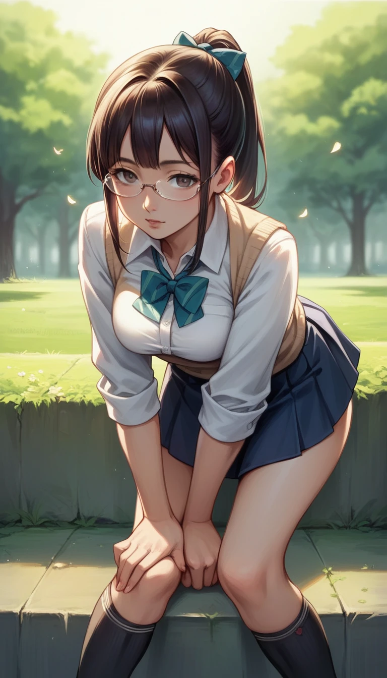 (((round face))), drooping eyes, sweat, shame, a young housewife, (ecstasy face, lewd girl), (leaking pee while she is standing and straddling to hit her pubic hair against a vibrating grass trimmer handle, masturbating with complete concentration), braid, trees, sky, angle from below,