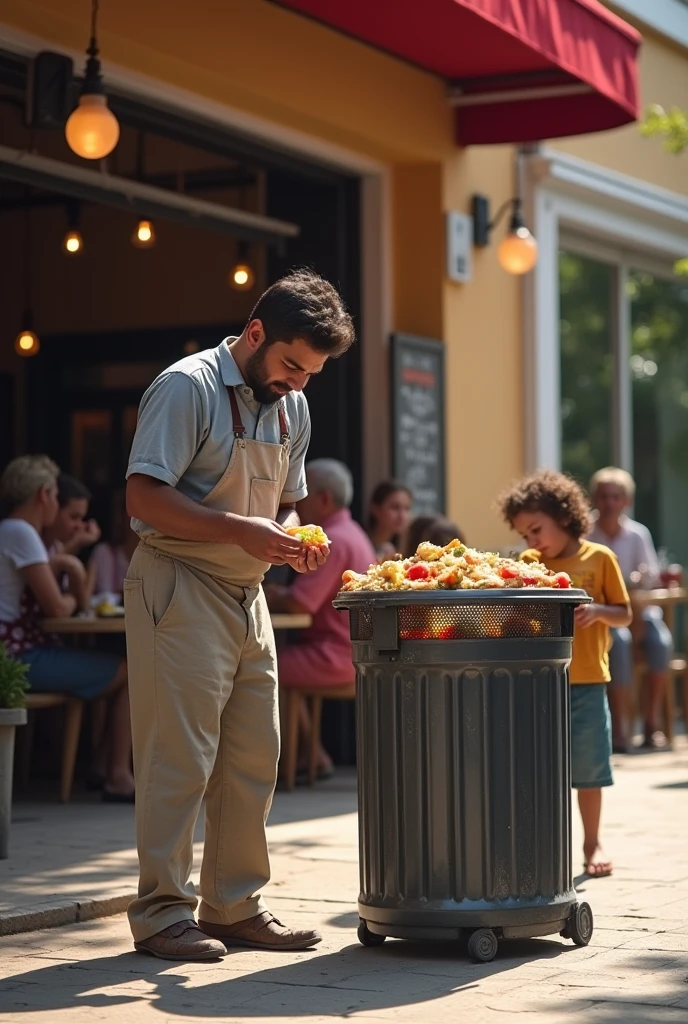 Generate a picture with a cafe in the background 
In the picture show an employee of the same restaurant throwing solid food into the trash cans and two poor starving kids picking up fallen food and eating it. Show more importance of the food. 