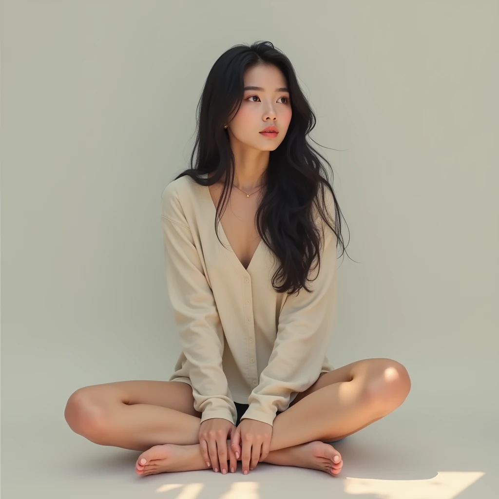 A korean girl with long weavy hair sits with her legs stretched out, taking a realistic photo