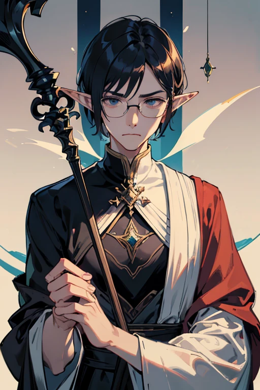 male、1 person、male性、Short Hair、Straight Bob、adult、perfection、大柄のmale、Stocky build、Elf、Magic Mentor、Long staff、Glasses、Delicate Robe、Slender、stylish、Clumsy Hands、Elegant、Pride、Sharp Eye、Disgust、Frown、Glare、Severe、Irritation