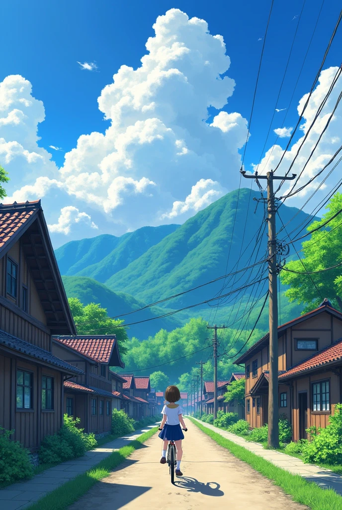 Anime-style rural Japanese town, vibrant colors, dramatic cloudscape, schoolgirl with bicycle, wooden traditional houses, lush green mountains, Makoto Shinkai inspired, nostalgic summer day atmosphere