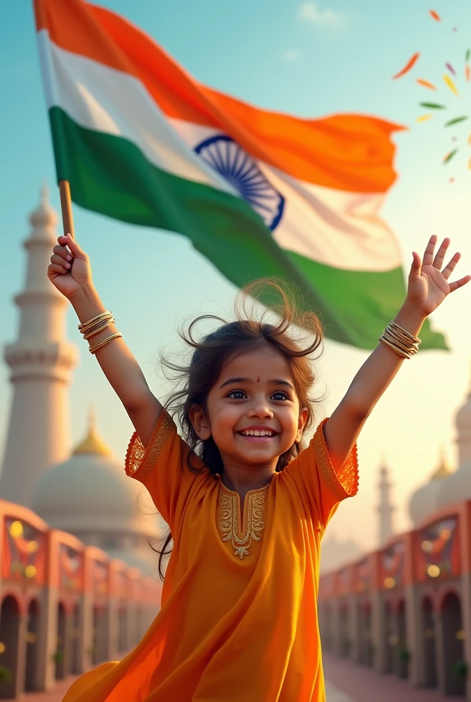 A real 03--old l joyfully celebrates Indian Independence Day. she is wearing traditional Indian outfits with the name "Chota Puchu" written on her attire. Above her, in the sky, the words "Happy Independence Day" are displayed in a bold font. The backdrop is filled with people celebrating, enhancing the festive and patriotic spirit of the day.make sure text should be correct.