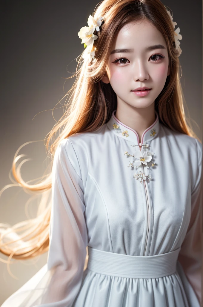 1girl, aodai white, photo art, (flower), a stunning photo with beautiful saturation, ultra high res,(realistic:1.4)),deep shadow,(best quality, masterpiece), pale skin, dimly lit, shade, flustered, blush, highly detailed, skinny, BREAK depth of field, film grain, wrinkled skin, looking at viewer, knee, warm smile, (upper body), masterpiece,ultra realistic,32k,extremely detailed CG unity 8k wallpaper, best quality