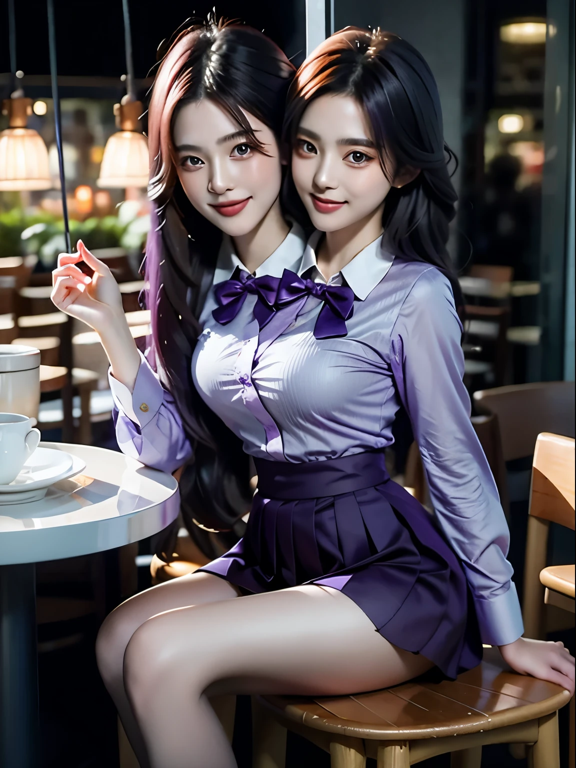 (8k, RAW photo, best quality, masterpiece: 1.2), ultra-detailed, 1 girl, (2heads: 1.5), yae miko character, raiden_shogun character, cute, solo, beautiful detailed sky, detailed coffee, night, sitting, (flushed nose), (smile: 1.1), (mouth closed), beautiful detailed eyes, (collared shirt: 1.1), bow tie, pleated skirt, long pink hair, long purple hair