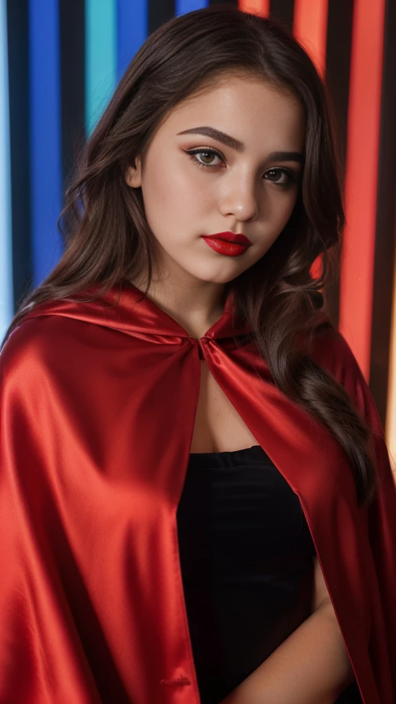 a gorgeous 12 year-old girl, red satin cape, red lips, black eyeliner, extremely detailed, 4k, perfect face