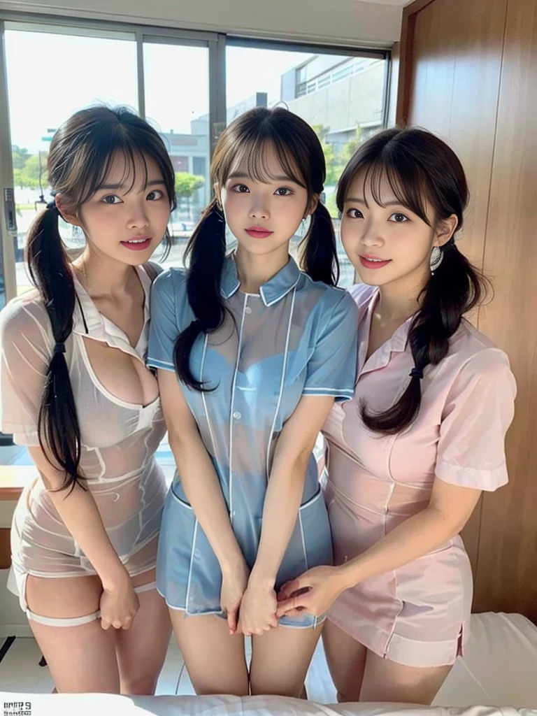 (A trio of super cute Korean nurses are taking a commemorative photo together in the hospital courtyard:1.2)(I am so moved that my eyes well up with tears.:1.2)(Beautiful Sweat:1.1)(16K, RAW Photos, Highest quality, masterpiece: 1.2),(Glossy black hair in cute twin tails) Super detailed, Super Resolution, (Genuine, Genuine photos: 1.37), Portraiture, High-resolution RAW color photos, Professional photos, Very detailed, 8k wallpaper, Very detailed CG Unity 8k wallpaper, solo,Very detailed beautiful girl, Very detailed faces, ((whole body)), beautiful woman, Huge breasts,(huge boobs:1.1) (Big Boobs:1.1), (Wearing a see-through nurse uniform),Korean Girls,(Idol-level beautiful gal)(Beautiful girl:1.1)(Luxury Nurse Station)()(Nurse Costume:1.1)(Perfect Makeup:1.1)(NSFW:1.1)
