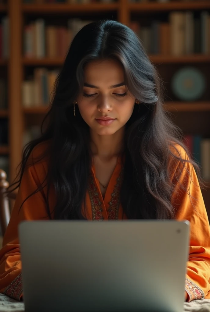Beautiful Pakistani girl long hair with laptop