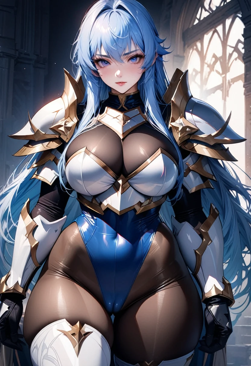 ((highest quality)), ((masterpiece)), ((hyperrealistic)), (solo), 1girl, ((curvy)), ((skindantation: 1.2)), perfect face, ((Langrisser)), ((Paladin armor)), ((skin-tight see-through pantyhose leotard: 1.4)), ((white knight armor breastplate)), ((skin-tight black Investigator Bodystocking)), ((large shoulder armor)), (long gauntlet gloves), ((light blue hair straight long hair)), ((large breasts that look like they might burst)), (pantyhose thighs), (white knee-high boots), (high heel boots), ((see through cleavage cutout)), zettai ryouiki, ultra high leg cut, Cameltoe, beautiful blue eyes, Perfect hands, perfect fingers,