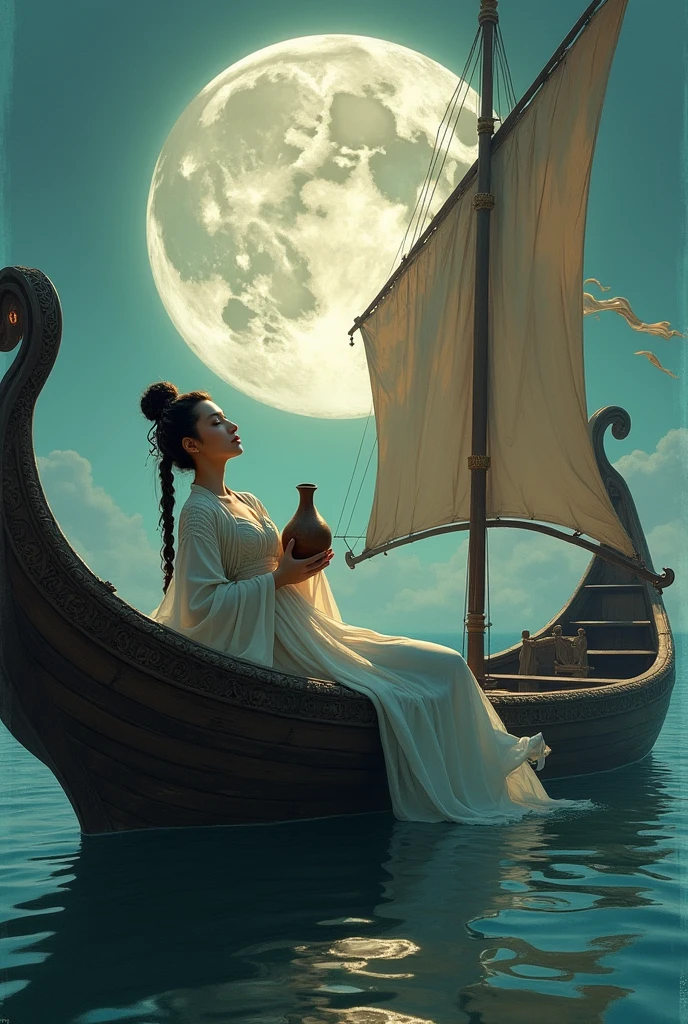 A captivating, cinematic painting depicting a beautiful Chinese woman dressed in traditional attire. She is leaning back gracefully on an ancient warship, holding a gourd from which she is drinking. The ship is adorned with intricate carvings and sails billow in the wind. A massive, full moon illuminates the sky, casting a soft glow on the water. The overall atmosphere is serene, with a hint of mystique, as if this scene is taken from a dream., painting, cinematic
