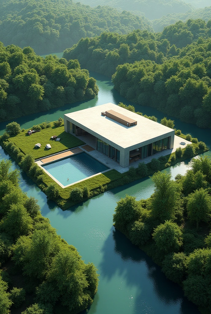 House surrounded by artificial river which can be created by human and both the house and river surrounded by trees in squate shave property.
Show it from sky view.