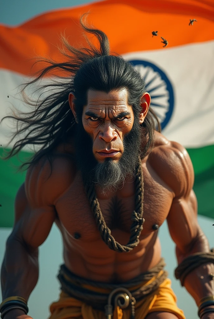 Create an image of Lord Hanuman full HD image and mix ey face not hair in a powerful and dynamic pose. Behind Him, there should be an Indian flag waving proudly. The background should be filled with vibrant colors, symbolizing strength and devotion. Ensure the flag is clearly visible and adds to the overall energy and patriotism of the image,
