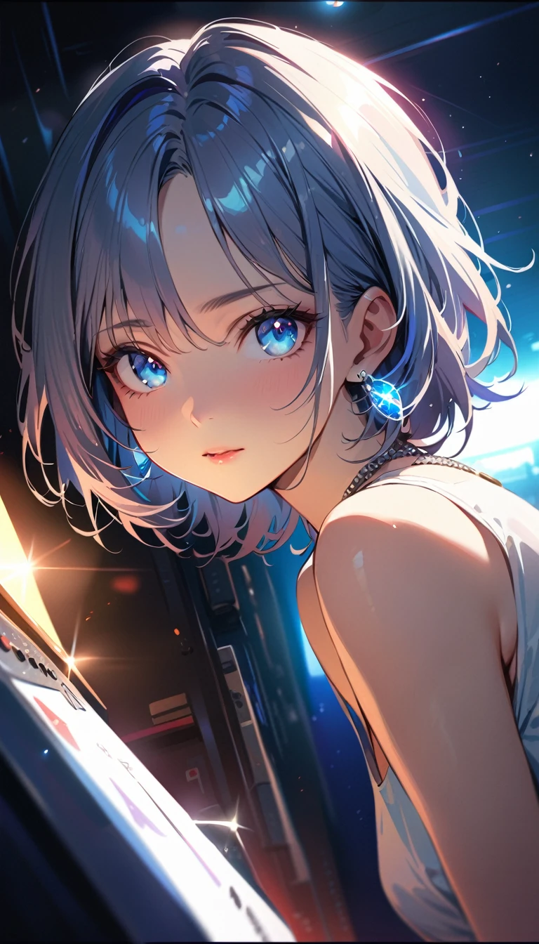 masterpiece, Highest quality, (((Practice the Electone desperately)))、Raising awareness, Sax Blue, プラチナEarrings, Platinum Necklace, White Dress, One Girl, cute, (Dynamic Lighting:1.2), Cinema Lighting, Delicate facial features, Detailed eyes, Sharp pupils, Realistic student, Written boundary depth, ボケ Written boundary depth, Sharp focus, (Very detailed, bloom, Shine:1.4), Lots of little gems, (((short_hair))),　Toru Asakura、黒hairs、Earrings、gradation hair、multi color hair、分けた前hair、blue hair、Upper Body、Ultra close-up footage、