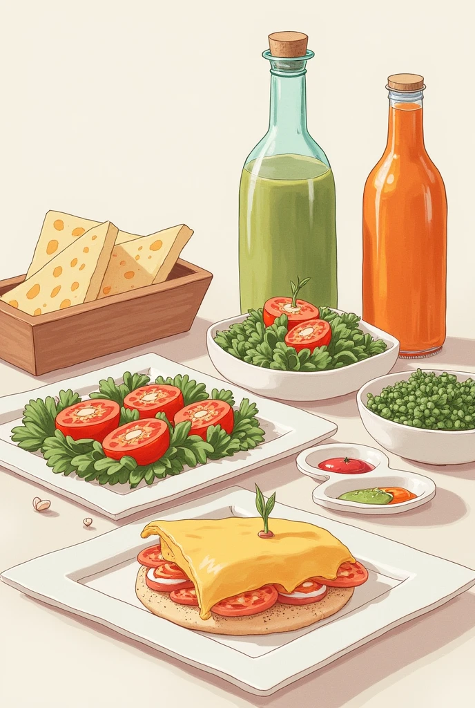 Condiments、spread out on the table、Pastel tones、Line art